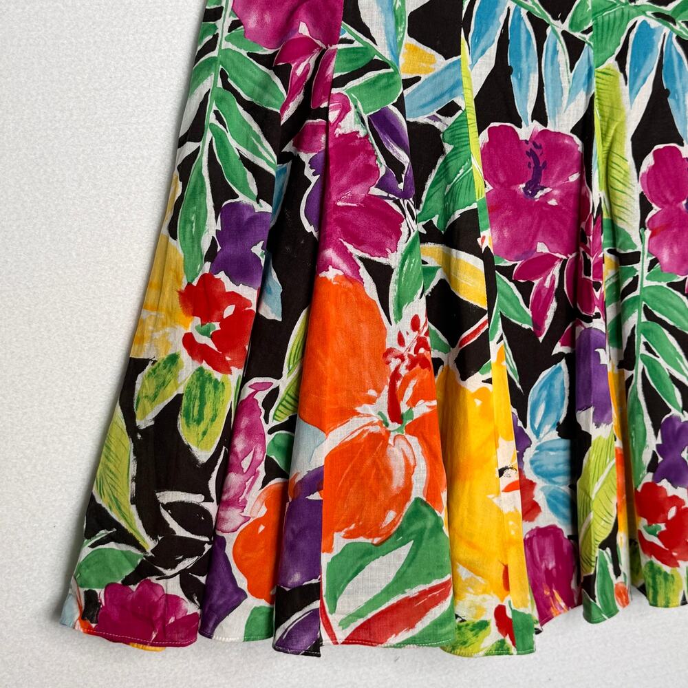 Lauren Ralph Lauren 2000s Floral Cotton Pleated Skirt Black Multicolor Size 14 - Picture 5 of 14